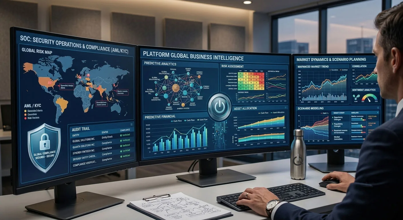 Analista Inquire al lavoro su dashboard di business intelligence: mappa del rischio, analisi predittive e verifiche di conformita